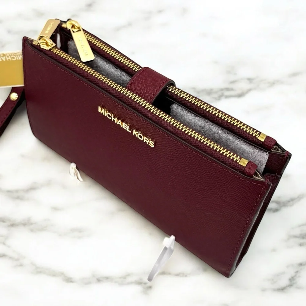Michael Kors Large Jet Set Travel Double Zip Wallet Dark Cherry